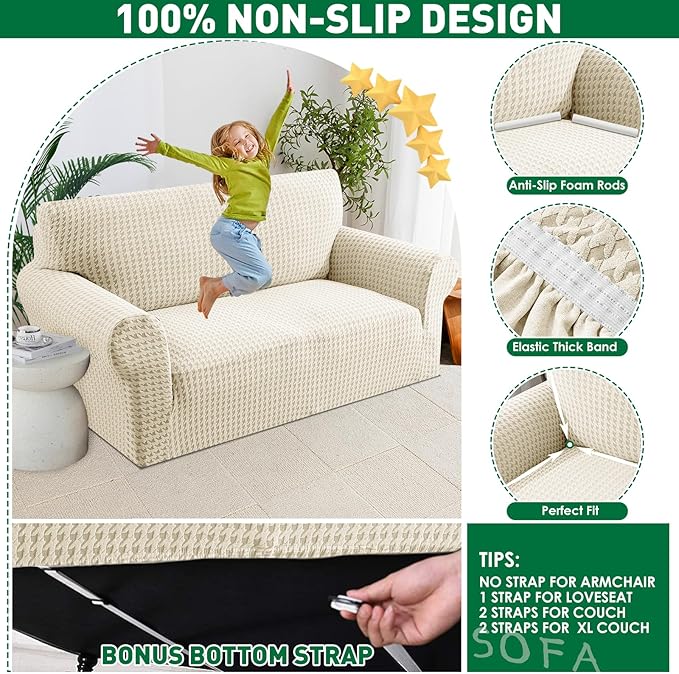 MAXIJIN Stretch Extra Large Couch Cover Sofa Covers (91"-110" Oversized Sofa Slipcovers with Non-Slip Foam & Elastic Strap, Dog Cat Pet Friendly Furniture Protector (X-Large, Beige)