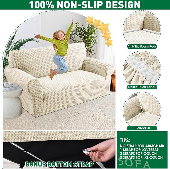 MAXIJIN Stretch Loveseat Couch Cover for 2 Cushion Couch (55"-69" Washable Sofa Slipcovers with Non-Slip Foam & Elastic Strap, Dog Cat Pet Friendly Furniture Protector (Medium, Beige)