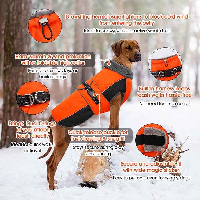 QBLEEV Warm Dog Jacket - Reflective, Adjustable Winter Coat with Turtleneck for Cold Weather, Waterproof Fleece Snowsuit for Small, Medium, Large Dogs
