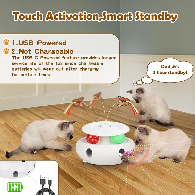 3-in-1 Interactive Cat Toy for Indoor Cats, White | Rechargeable Automatic, Fluttering Butterfly, Moving Feather, Smart Sensor 6 Holes Whack-A-Mole, Track Balls