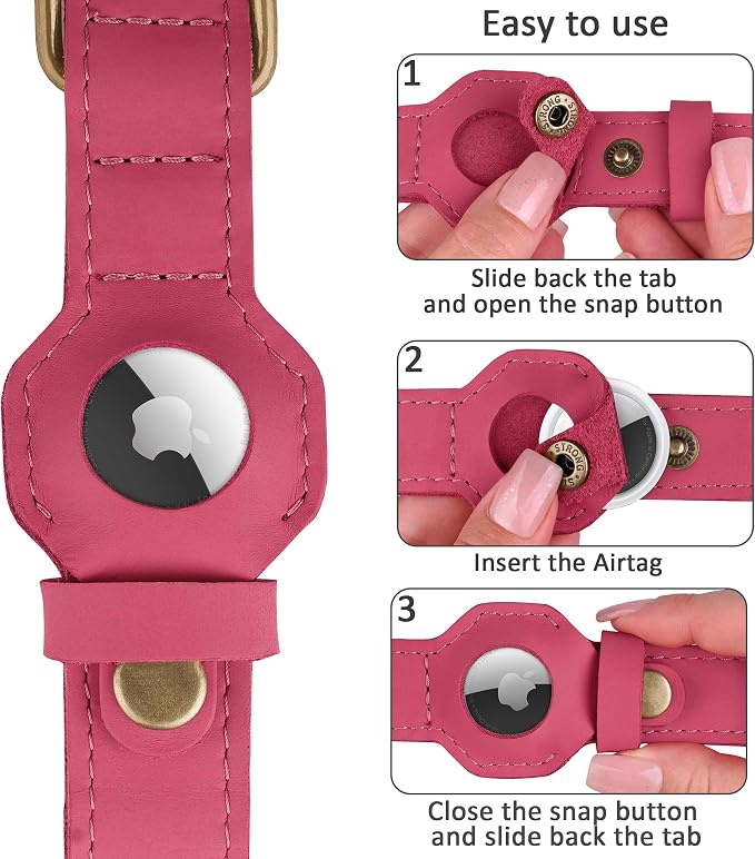 AirTag Dog Collar - Genuine Leather Dog Collar with Apple AirTag Holder and Metal Buckle - Smart GPS Tracking Pet Collars (Pink, XL, 20"-25" Neck Fit)