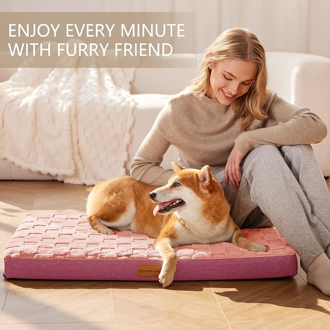 Patas Lague Orthopedic Large Dog Bed Washable Pet Crate Mat 56''X40'' Pink | Egg-Crate Foam Dog Couch For Large Sized Dogs, Waterproof Removable Cover, Soft Pet Bed With Nonskid Bottom