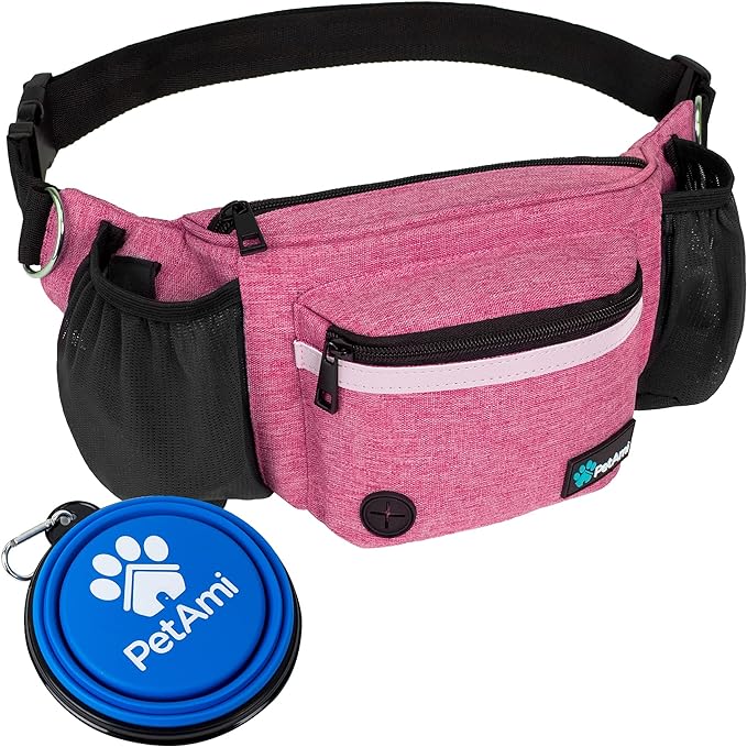 PetAmi Dog Fanny Pack, Treat Pouch for Dog Walking, Training, Built in Poop Bag Dispenser, Water Bottle Holder, Collapsible Bowl, Pet Treat Waist Belt for Hiking, Running, Kibbles (Pink)