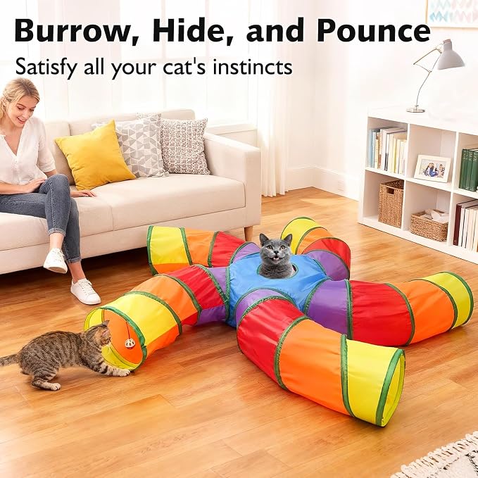 Joytale Cat Tunnel for Multiple Cats, 5-Way Indoor Tube Toy to Chase & Hide | Bell ball & Toy Mouse Included; Peekaboo Hole; Pops Open & Folds Into Zip Bag; Fits Cats to ~12 lb; Kittens & Rabbits Too