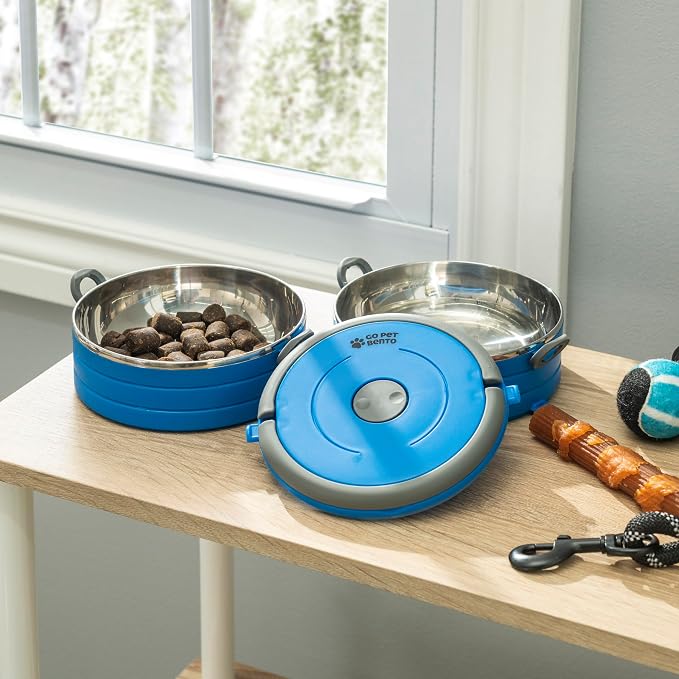 Healthy Human Travel Pet Bento Bowls - Human-Grade Stainless Steel & BPA-Free, Leak-Proof Water & Food Container Set for Dogs & Cats, 2-Pack Interlocking Bowls, Includes Spare Clips & Handle (Blue)