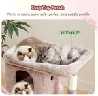 Heybly 26.3" Cat Tree for Large Cats with Big Perch & Dual Condos HCT204SMU | 26.3-inch Spacious Cat Tower with Scratching Posts, Stair-Style Cat House Furniture with Cozy Basket & Pompom, Rosy Brown