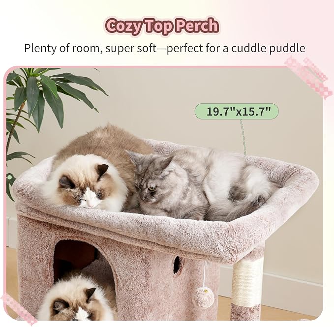 Heybly 26.3" Cat Tree for Large Cats with Big Perch & Dual Condos HCT204SMU | 26.3-inch Spacious Cat Tower with Scratching Posts, Stair-Style Cat House Furniture with Cozy Basket & Pompom, Rosy Brown