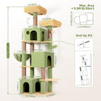 Globlazer F71 Cactus Cat Tree Tall, 71in Cat Tower for Indoor Cats, Green | Multi-Level 3 Condos for Indoor Cats, XL Cat Tree Tower with Scratching Posts, Soft Extra Large Hanging Basket