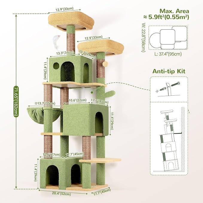 Globlazer F71 Cactus Cat Tree Tall, 71in Cat Tower for Indoor Cats, Green | Multi-Level 3 Condos for Indoor Cats, XL Cat Tree Tower with Scratching Posts, Soft Extra Large Hanging Basket