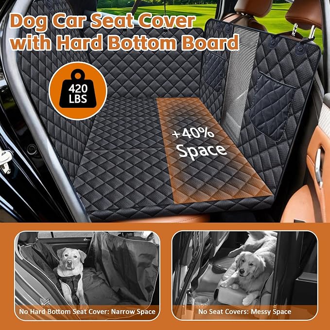 JSTHT Dog Car Seat Cover for Pets Back Seat Extender | Hard Bottom Car Seat Cover Support 420lbs, 100% Waterproof, Scratch Proof, Dog Hammock for Car SUV and Truck, Universal