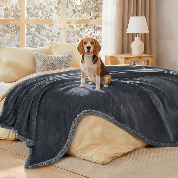 Luciphia Waterproof Bed Blanket Washable, Soft Sherpa Fleece Puppy Reversible Throw Blankets for Medium Large Dog Cat, Furniture Cover Protector Couch Bed from Liquid Pee and Pet Fur, Grey,65" x 57"