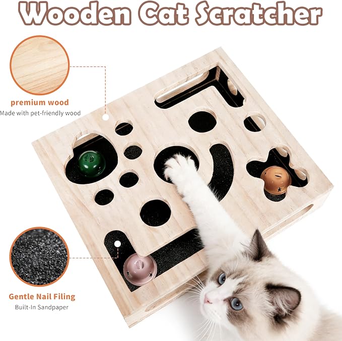 Cat Nail File Enrichment Box, Wood Puzzle Scratcher Toy with Sandpaper | Large Cat Nail File Scratcher Box with Flip-Lid Lock, Wand and 3 Balls, Easy Claw Care Without Clippers or Grinders