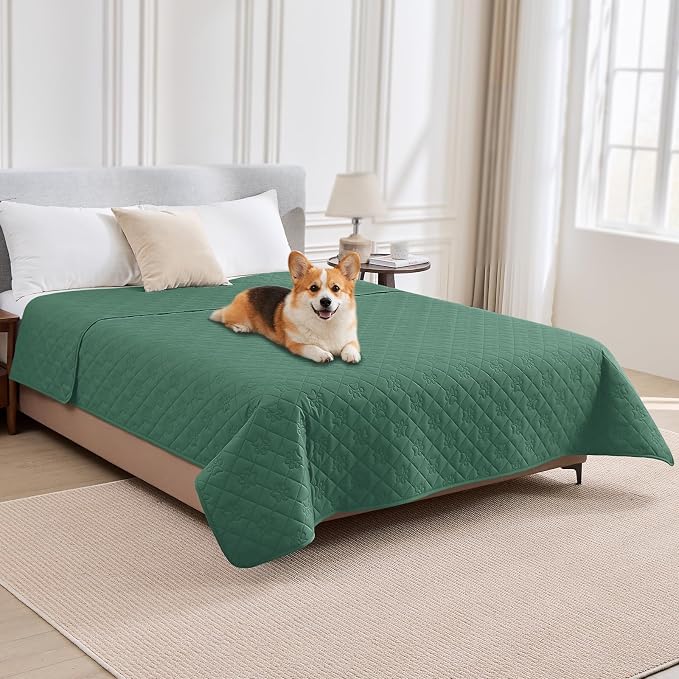 PAWFINITY Waterproof Bed Cover for Dogs, Pet Blanket for Mattress Washable | Paw Print Quilted, Hair Resistant, Anti Cat Scratch, Pee Proof Furniture Protector for Bed, Couch and Sofa, 52x82 Inch, Green