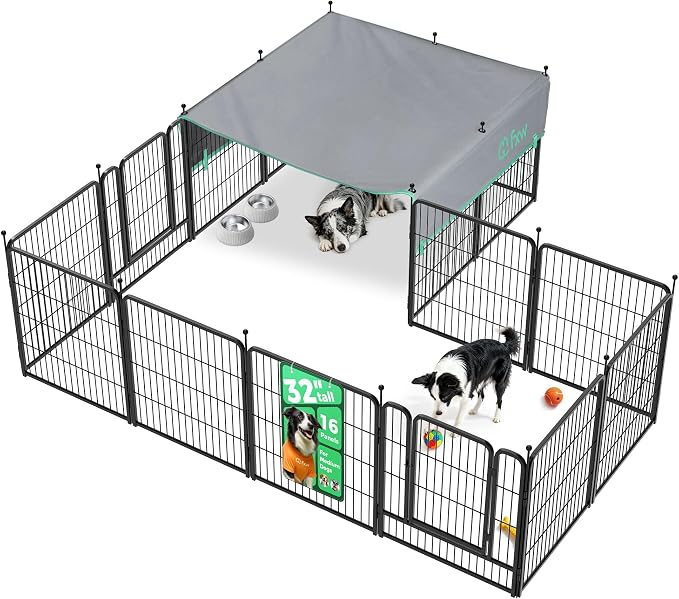 FXW Rollick Unleashed Dog Playpen for Indoor, Yard, RV Camping, 32 inch 16 Panels Dog Pen with Sun Shade for Small and Medium Dogs, Black│Patented