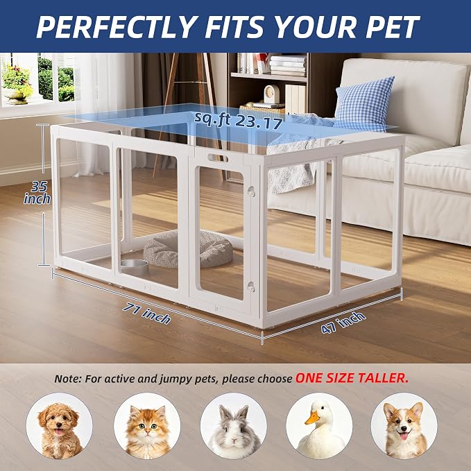 Clear Acrylic Dog Playpen Indoor, Puppy Cat Small Pet Play Pen, Pet Cat Playpen for Rabbits, Dog Fence Crate Kennel Whelping Cage (35", White, 10 Panel)