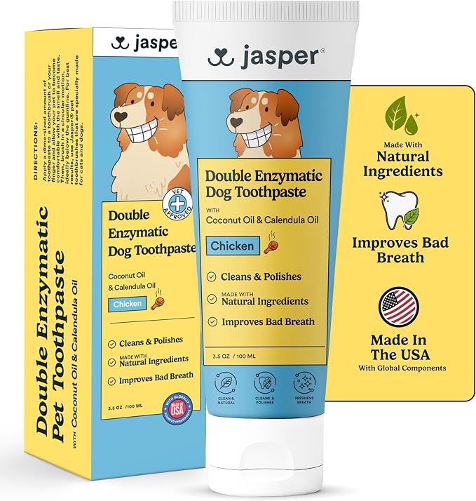 Jasper Dog Toothpaste Double Enzymatic, Chicken Flavor 3.5oz | Vet Approved Pet Tooth Paste with Natural Ingredients, Freshens Breath, Whitens Teeth, Plaque and Tartar Remover for Teeth