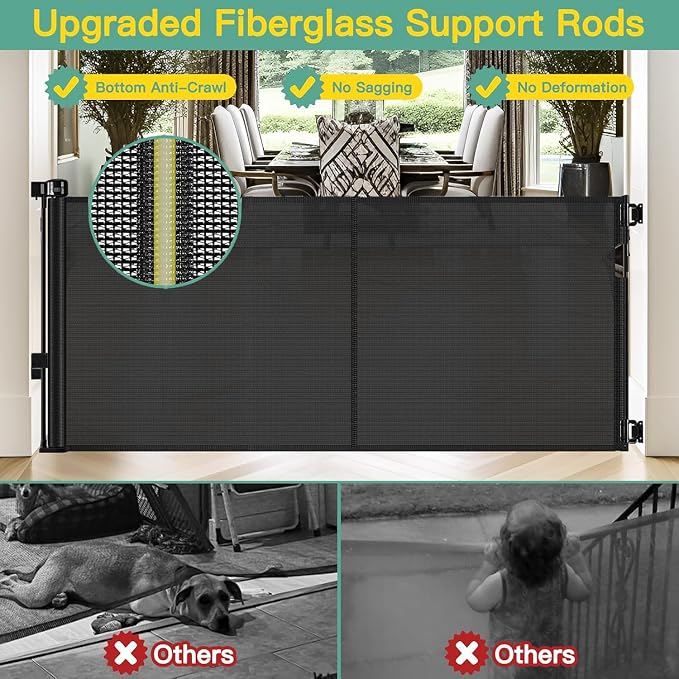 Reinforced 60" Wide Retractable Baby Gates for Dogs, Prevent Crawling Under | Space-Saving Indoor/Outdoor Retractable Gate, Easy One-Hand Operation Safety Lock, Scratch-Resistant Mesh, Easy Install/Black