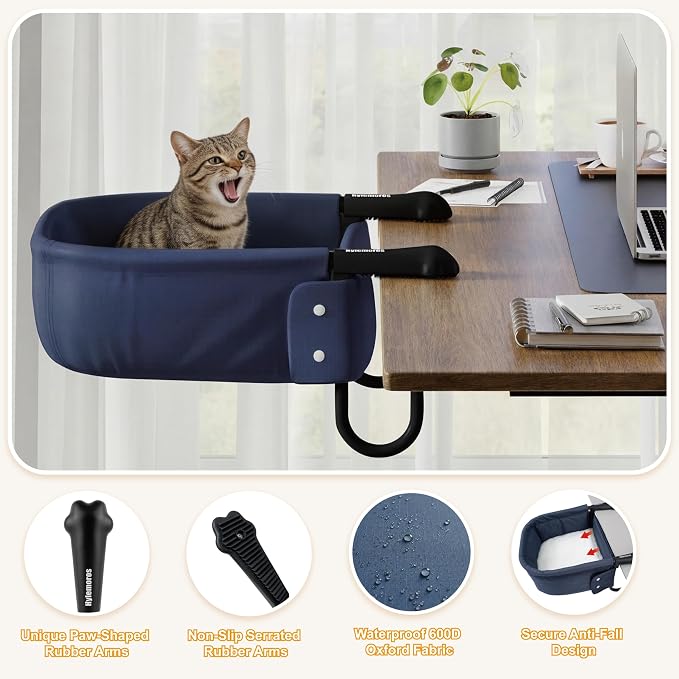 Extra-Sturdy Cat Desk Bed for Large Cats 50lbs Desk Cat Bed Attachment | for Desktop under 3", Heavy Duty, Paw Design, Waterproof, Dual-Sided Mat, Easy Assembly for Gaming Desk & Kitchen Island