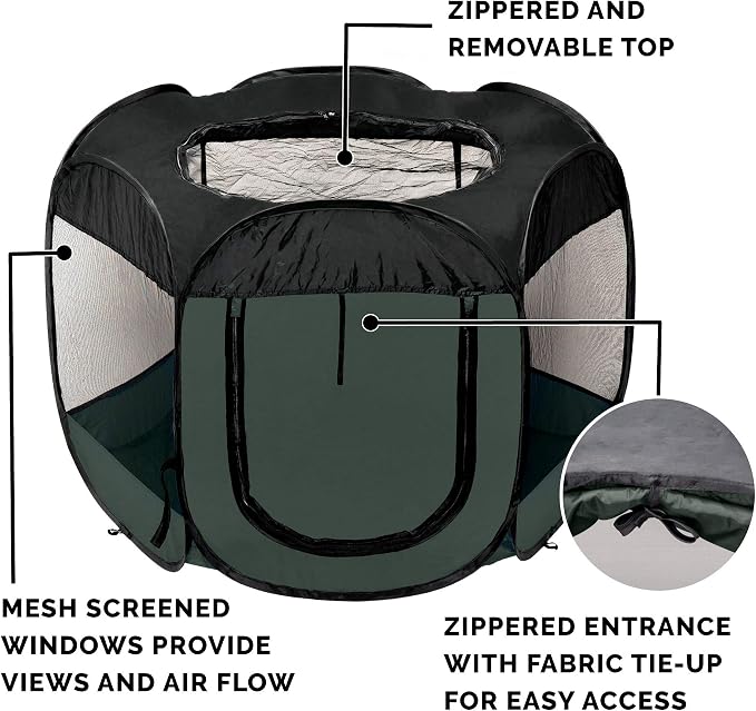 Furhaven Portable Dog Playpen Cat Tent, Pet playground,Kennel foldable indoor outdoor zippered puppy crate - Hunter Green, Large