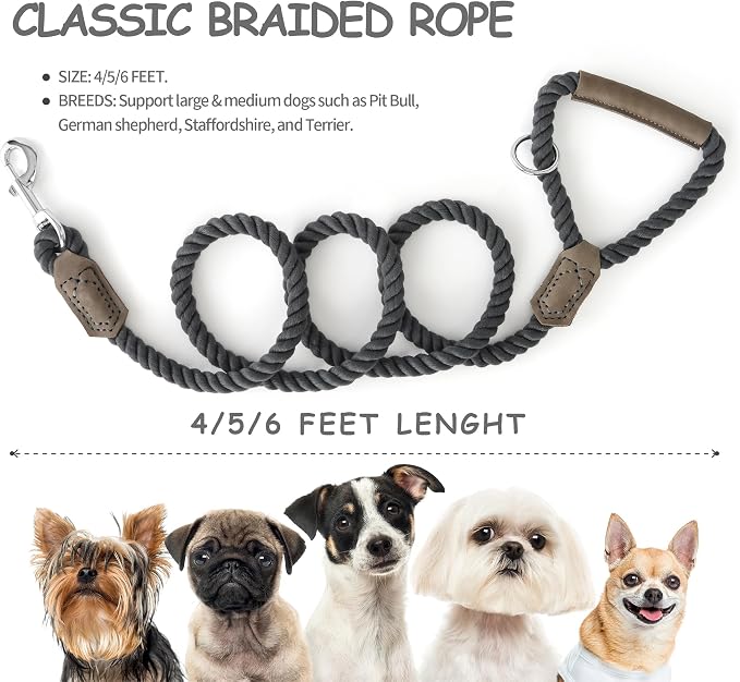 Mile High Life Dog Leash Braided Cotton Rope w/Leather-Wrapped Ends/Handle | Rust-proof 360° swivel clasp, Heavy-duty for medium/large dogs. Great for weddings, daily walks (4 FT, 1/2", Dark Gary)