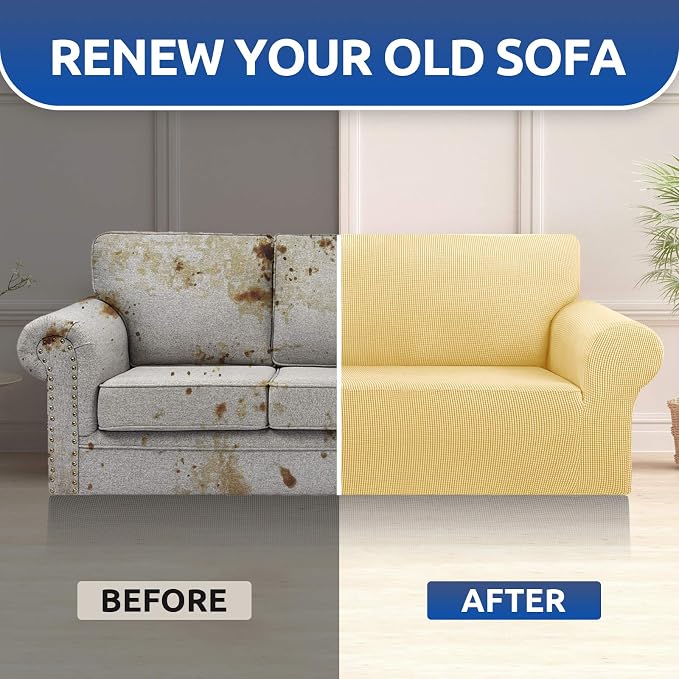 Stretch Oversized Couch Covers for Sofa Slipcover,Champagne | 1-Piece Washable Sofa Cover (94"-110") 4-Seater Furniture Protector, Soft Jacquard Non-Slip Elastic Bottom for Dogs & Kids