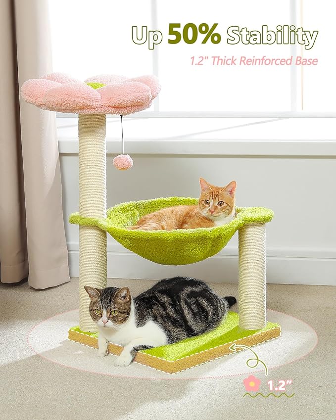 MUTTROS Flower Cat Tree, 28" Cat Tower with Cozy Flower Perch, Large Hammock for Indoor Small Cats, Cute Cat Tree with Sisal Scratching Post and Fur Toy Ball for Kittens, Pink | Plush flower perch, Metal frame hammock, Sisal post, Fluffy toy ball, Thic...