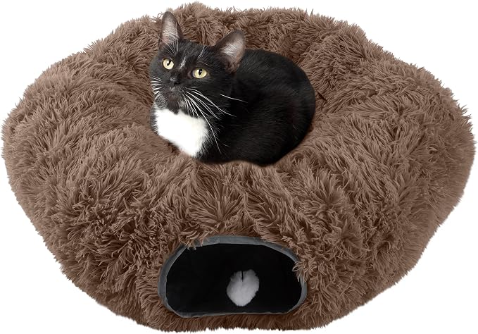 Cat Tunnel with Bed for Indoor Cats - 3FT Multifunctional Cat Tunnel Bed with Toys - Soft, Plush Peekaboo Cat Cave for Kittens, Cats, Ferrets, and Rabbits - Cat Products by PETMAKER (Brown)