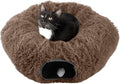 Cat Tunnel with Bed for Indoor Cats - 3FT Multifunctional Cat Tunnel Bed with Toys - Soft, Plush Peekaboo Cat Cave for Kittens, Cats, Ferrets, and Rabbits - Cat Products by PETMAKER (Brown)