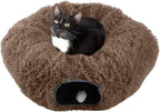 Cat Tunnel with Bed for Indoor Cats - 3FT Multifunctional Cat Tunnel Bed with Toys - Soft, Plush Peekaboo Cat Cave for Kittens, Cats, Ferrets, and Rabbits - Cat Products by PETMAKER (Brown)