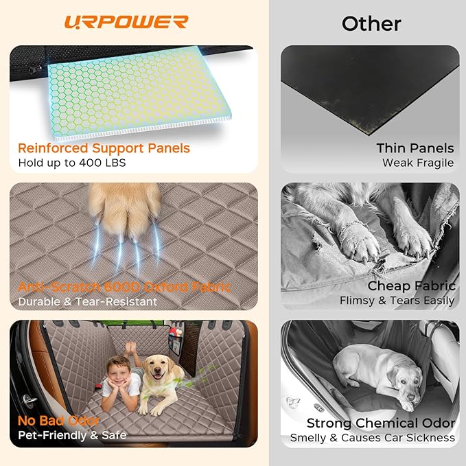 URPOWER XL Hard Bottom Dog Seat Cover for Full-Size Crew Cab Trucks | 400 lbs Support, 45% More Space, Waterproof, Mesh Window, Scratch Resistant, Non-Slip, Easy Care, Dog Seat Belt Included