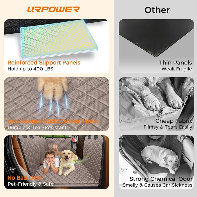 URPOWER Hard Bottom Dog Car Seat Cover, Back Seat Extender for Cars & SUVs | 400 lbs Support, 45% More Space, Waterproof, Mesh Window, Scratch Resistant, Non-Slip, Easy Care, Dog Seat Belt Included