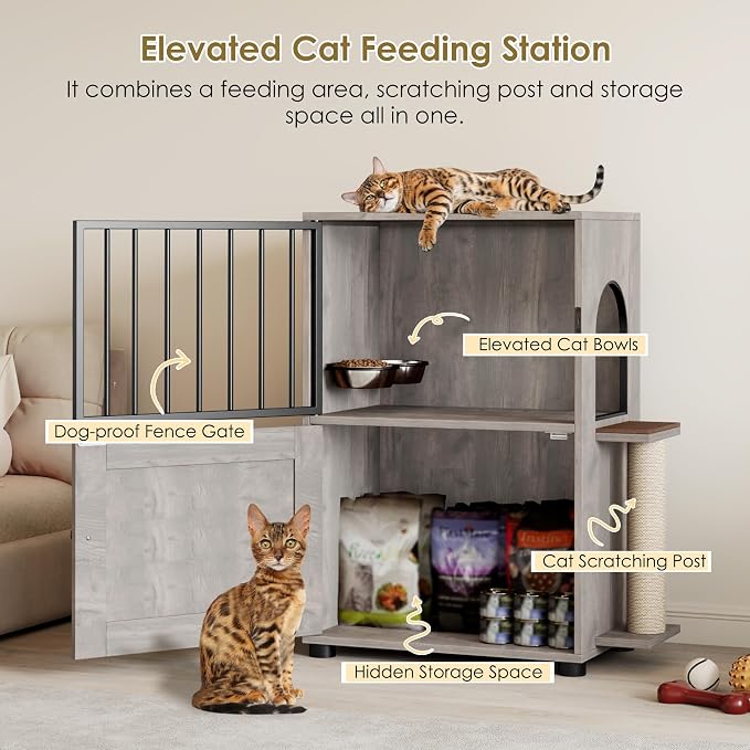 Dog Proof Cat Feeding Station, Dog Proof Cat Feeder, Cat Food Table | Cat Feeding Station with Scratching Post, Elevated Cat Food Bowls with Stand, Pet Food Storage Cabinet, Cat House, Gray