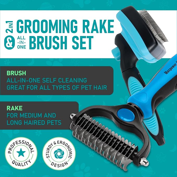 Maxpower Planet Dog Rake and Brush Set for Shedding, Undercoat & Mats | Deshedding Tool, Detangling, Self-Cleaning Design, Medium & Long Hair, For Cats Too, Gentle Grooming