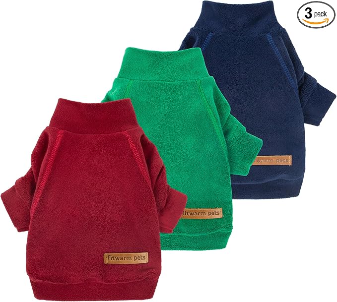 Fitwarm 3 Pack Classic Fleece Dog Sweater, Christmas Dog Winter Clothes for Small Dogs Boy Girl, Holiday Pet Apparel, Burgundy Red, Green, Navy Blue, XS