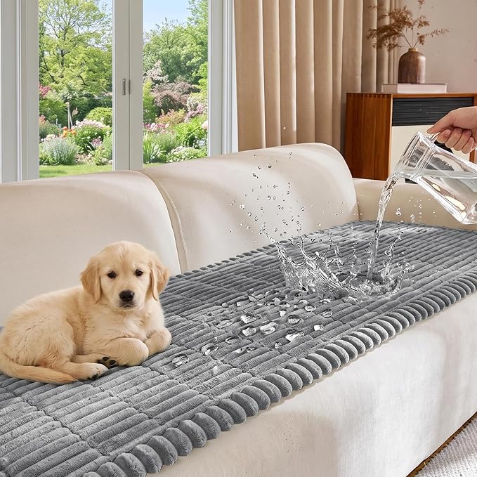 FUANGUI Waterproof Couch Cover Sofa Cover for Dogs and Pets Sofa Protector | Non-Slip Washable Fuzzy Soft Cat Bed Sofa Slipcover for 2-3 Cushion Couch Sofa Pet Friendly, Grey, 27.6" x 94.5", 1 pcs