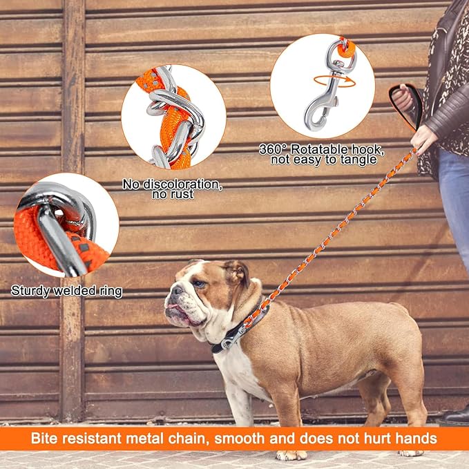 HOMIMP Chew Proof Dog Leash for Medium Large Dogs, Reflective 6 FT Heavy Duty Metal Chain Dog Leashes with Soft Padded Handle, Anti Bite Durable Rope Leashes for Pitbull, Non Chewable