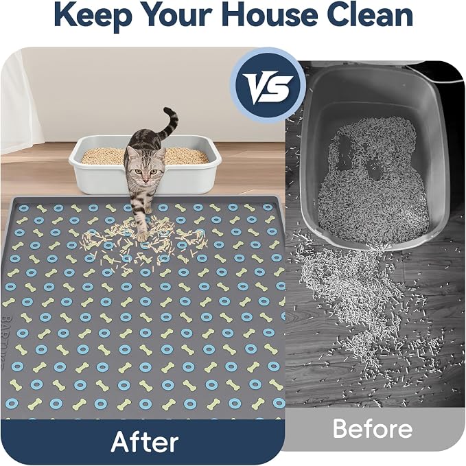 Silicone Cat Litter Mat 40" x 28" Cat Mat for Litter Box, Dark Grey | Extra Large Litter Box Mat, Waterproof Cat Litter Trapping Mat, Non-slip, Leakproof Kitty Litter Mat with Bone Pattern