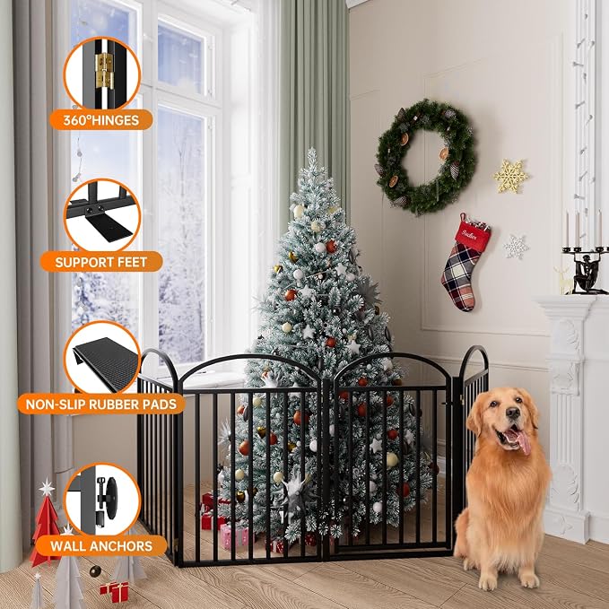 SNUOWU 4 Panels Full Matel Freestanding Dog Gates with Door, 96"Extra Wide 32"Tall Free Standing Dog Pet Gate for Indoor & Outdoor. Foldable Pet Fences for Doorways, House, Stairs, Porch, Deck, Yard