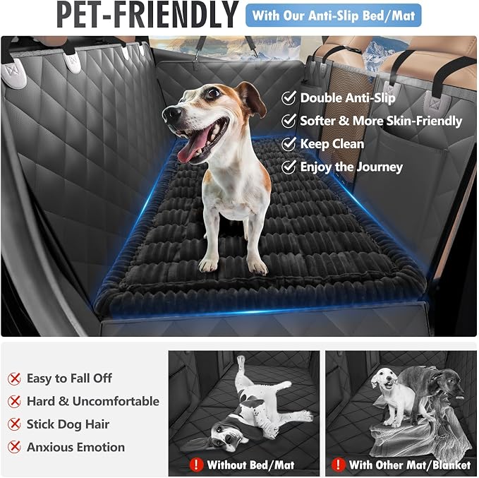 Backseat Dog Bed Non-Slip, Dog Bed for Car Back Seat Soft and Comfortable, Back Seat Pet Bed Mat for Travel, Pet Car Blanket for Backseat Extender and Seat Covers Black (51”X 23.5”)