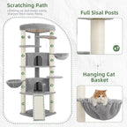 Gitelsnour Corner Cat Tree, All Sisal Multi-Cat Scratching Posts GCT035W | 63.8" Cat Tower for Indoor Cats with Cat Condo, 2 Large Cat Caves, Big Top Perch, 2 Hanging Baskets & Sisal Ramp, Light Gray