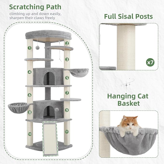 Gitelsnour Corner Cat Tree, All Sisal Multi-Cat Scratching Posts GCT035W | 63.8" Cat Tower for Indoor Cats with Cat Condo, 2 Large Cat Caves, Big Top Perch, 2 Hanging Baskets & Sisal Ramp, Light Gray