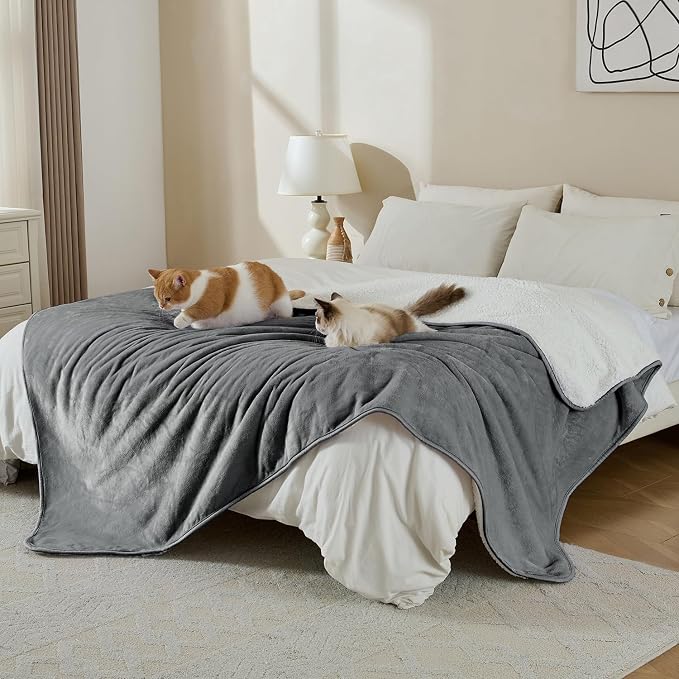 Soft Waterproof Blanket for Bed Couch Sofa, Grey, 60x80 inches | Liquid Pee Proof Pet Blanket for Dog Puppy Cat, Reversible Sherpa Fleece Blanket for Couch Cover, Furniture Protector