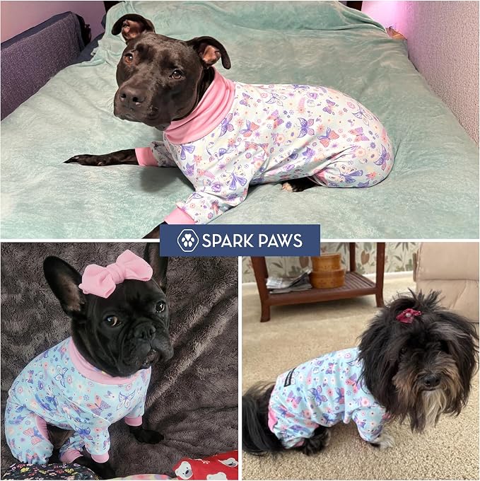 Spark Paws Dog Pajama, Dog Recovery Suit Male, Onesie, Ultra-Soft and 4-Way Stretch, for Small Medium and Large Breed - Butterfly Dreams - S