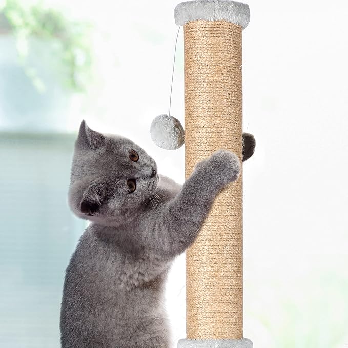 FluffyDream 37'' Cat Scratching Post, Natural Sisal Rope Scratcher with Dangling Teaser Ball and Covered with Soft Plush for Kittens and Adult Cats, Sand Color