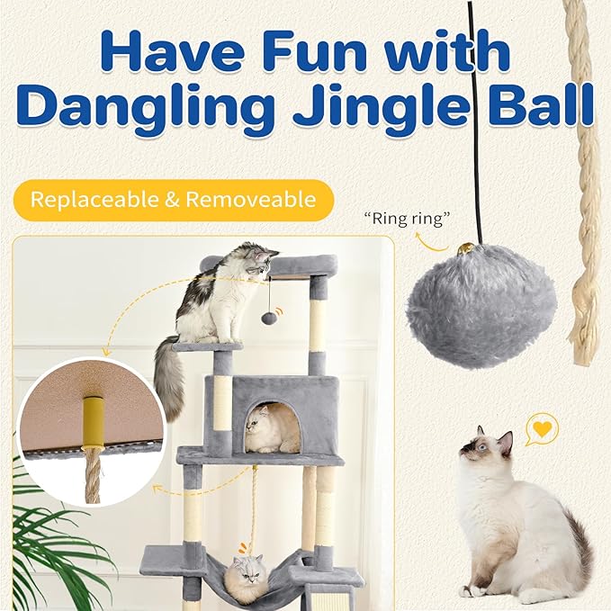 ABCPET 63" Multi-Level Cat Tree Tower for Indoor Cats, Light Grey | 63" multi-level cat tower with sisal scratch posts, cat condo, hammock, dangling toy & wide perch for indoor cat rest & play
