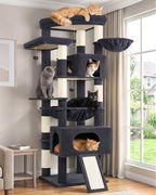 Gitelsnour Cat Tree, 78.7'' Cat Tower, 2 Big Condos for Multi Cats GCT061G | Tall Cat House Furniture for Large Cats with Hammock, Big Platform for Indoor Cats, Scratching Posts & Board , Dark Gray