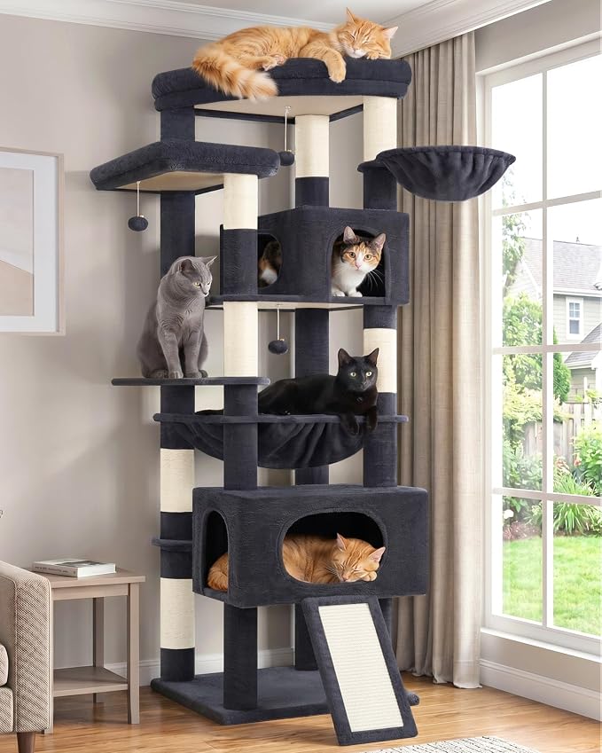 Gitelsnour Cat Tree, 78.7'' Cat Tower, 2 Big Condos for Multi Cats GCT061G | Tall Cat House Furniture for Large Cats with Hammock, Big Platform for Indoor Cats, Scratching Posts & Board , Dark Gray