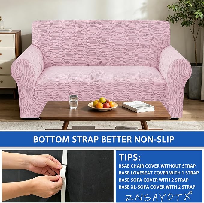 ZNSAYOTX Stretch Couch Cover, 1 Piece Sofa Covers for 2 Cushion Couch, Jacquard Loveseat Slipcovers with Elastic Bottom Thickened Furniture Protector for Dog Cat Pet (Medium, Dusty Pink)