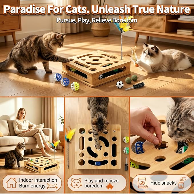 Cat Scratch Puzzle Enrichment Box, Bamboo Wooden Cat Nail File Enrichment Toy, Claw Saver Toy for Cats