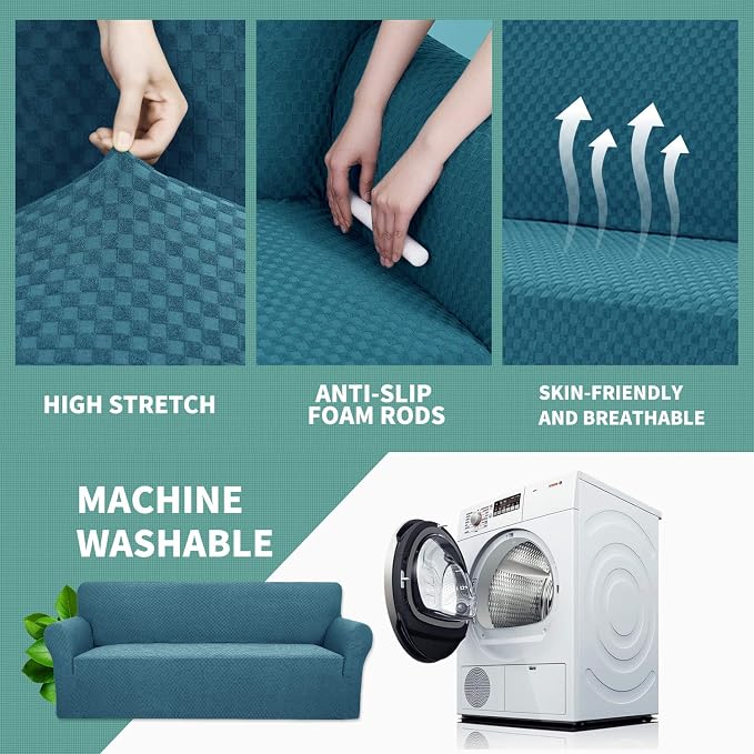 YEMYHOM Couch Cover Latest Jacquard Design High Stretch Sofa Covers for 2 Cushion Couch, Pet Dog Cat Proof Loveseat Slipcover Non Slip Magic Elastic Furniture Protector (Medium, Teal)